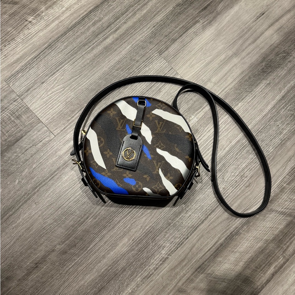 Louis Vuitton Round Crossbody in Brown Monogram with Blue and White Camo Accents